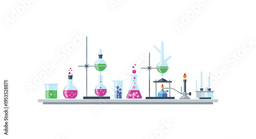 A detailed chemistry laboratory setup displays various glass beakers and flasks with colorful liquids, retort stands, and a lit Bunsen burner on a grey shelf.