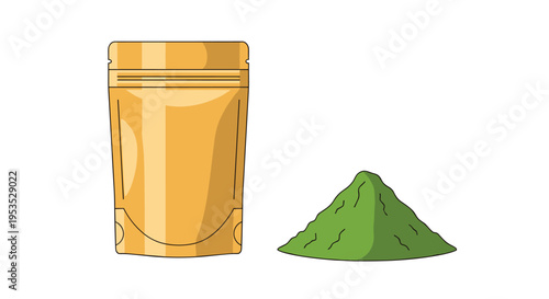 A plain golden foil stand-up pouch is positioned next to a conical mound of vibrant green powder on a white background.