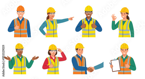 Diverse construction workers in safety vests and hard hats illustrated