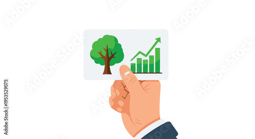 A human hand in a brown sleeve holds a white card displaying a green tree and a rising bar chart with an arrow on a white background.
