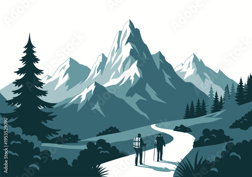 Scenic vector illustration of hikers on a mountain path with snow-capped peaks and pine trees in the background, perfect for adventure and travel themes