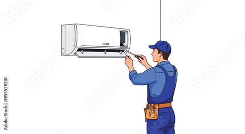 A male service worker in blue overalls uses a screwdriver to fix a white air conditioning unit on a plain white wall.