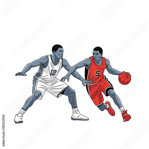 Basketball players competing on white background, dribbling and defending