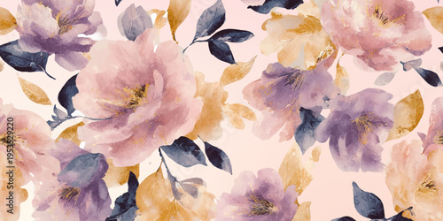 Watercolor seamless floral pattern featuring blush pink, light purple, and soft golden flowers with muted blue gray leaves, creating a delicate botanical background texture