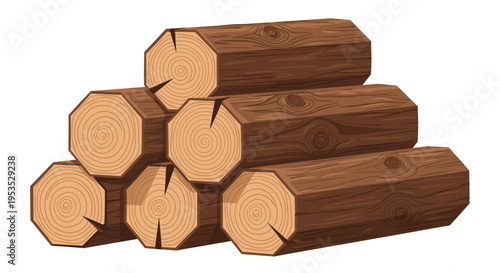 A robust stack of six dark brown, hexagonal-cut logs with visible tree rings and cracks is arranged in a pyramid formation.