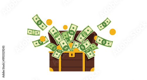 Open treasure chest overflowing with us dollar bills and gold coins