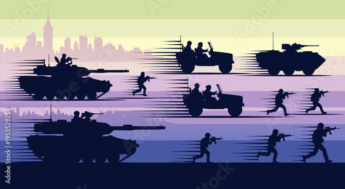 Silhouette Military Battle Vector Illustration with Tanks, Soldiers, and Vehicles in Motion