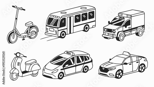 Isometric Line Art Urban Transportation Icons Set for Delivery Service App Design and City Mobility Web Graphics