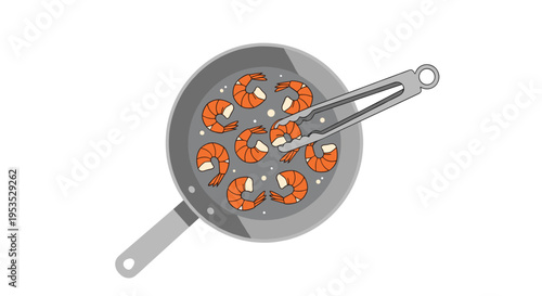 A top-down view shows a grey frying pan with ten cooked orange shrimp and a pair of metal tongs on a white background.