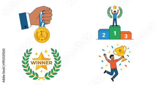 Celebrating success awards medals and a victorious person are displayed