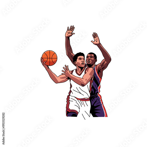 Basketball players competing, one defending the other with the ball.