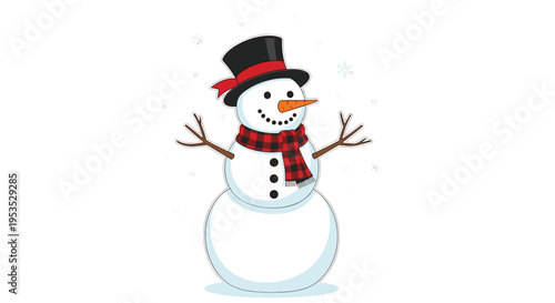 A cartoon snowman wearing a black top hat with a red ribbon and a red plaid scarf stands on a white background with faint snowflakes.