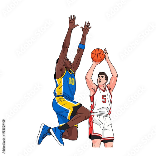 Basketball players competing, one jumping to block shot, other shooting ball