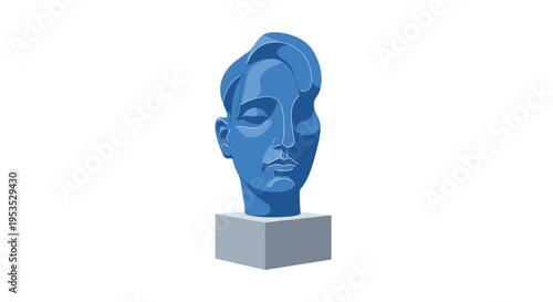 A stylized light blue male head bust with swept-back hair rests on a grey rectangular pedestal.