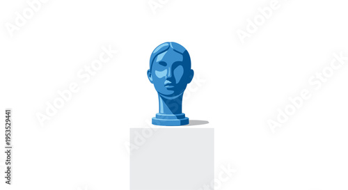 A vibrant blue female head bust with smooth features stands on a light grey rectangular pedestal.