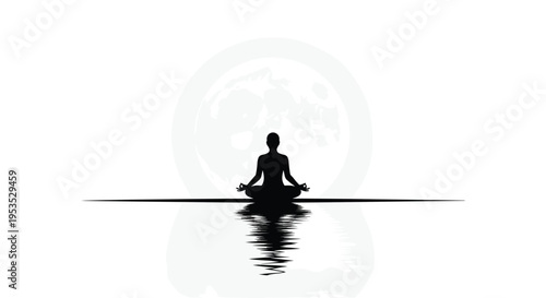 A silhouetted person sits in a lotus position on a reflective surface with a large full moon in the background.