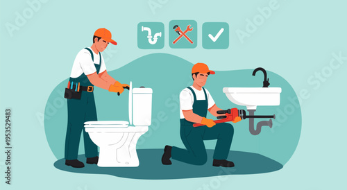 Professional Plumbers Fixing Toilet and Sink in Vector Illustration