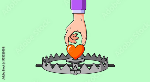 Vector illustration of a hand placing a heart into a bear trap symbolizing love's dangers and risks