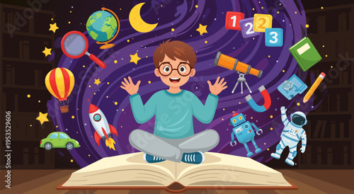 Fantasy vector illustration of a boy reading a book with imagination filled with stars, planets, and toys, a concept of learning and discovery