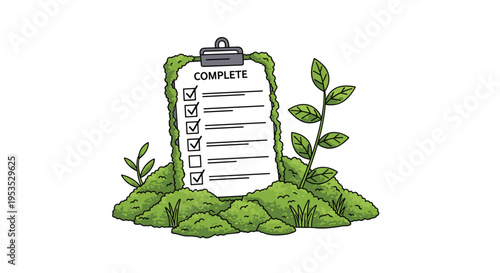 A clipboard with a COMPLETE checklist stands upright amidst green moss and small leafy plants.