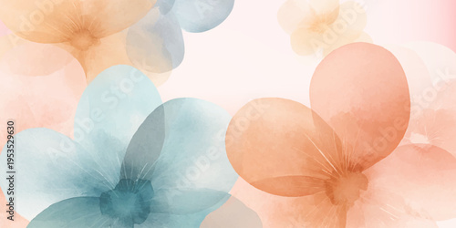 Soft watercolor floral background with pastel blue and orange blossoms on a light pink gradient, creating an elegant, delicate pattern ideal for cards, invitations, and decor