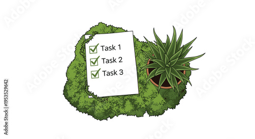 A white checklist with three completed tasks lies on green moss next to a potted succulent plant.
