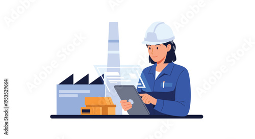 A female engineer in a blue uniform and white hard hat uses a tablet in front of a factory building.