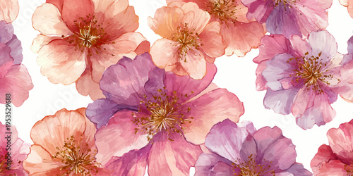 Watercolor floral pattern with delicate pink, purple and orange blooms on white background, creating a soft, vibrant botanical design for cards, textiles and decor