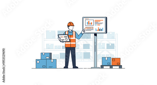 A male warehouse worker in an orange vest points at a large data screen while holding a tablet in a storage facility.