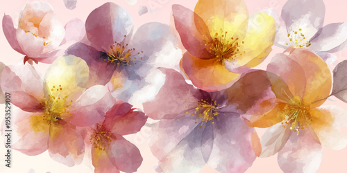 Watercolor floral background with delicate spring blossoms creating a soft pastel pattern, ideal for romantic themes, wedding invitations, and peaceful artistic designs