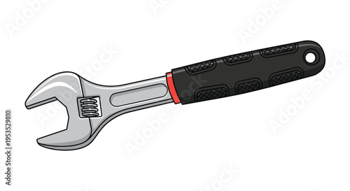 A silver adjustable wrench with a black and red handle is angled slightly against a plain white background.