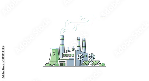An illustrated power plant with multiple energy sources emits light green smoke against a clean white background.