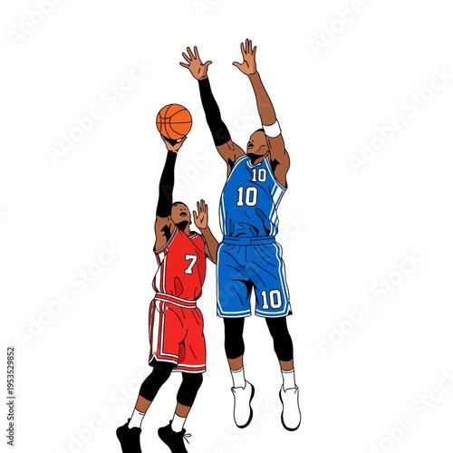 Basketball players jumping for a shot, one defending, dynamic sports illustration