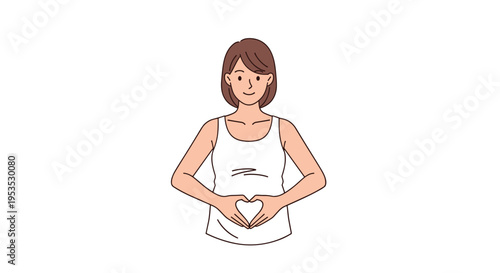 A smiling woman in a white tank top forms a heart shape with her hands over her stomach.