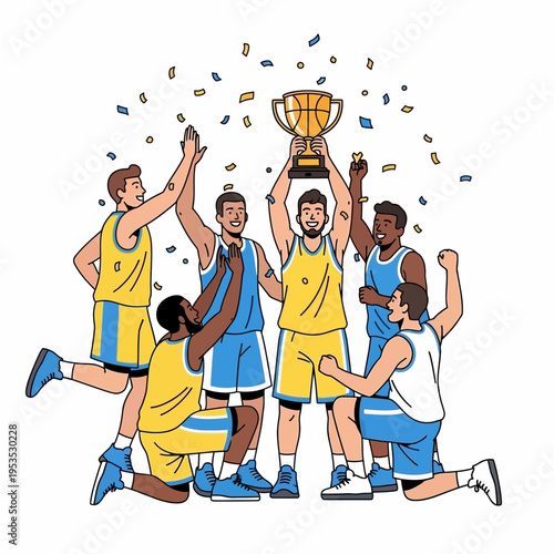 Basketball Team Celebrating Championship Victory with Trophy and Confetti
