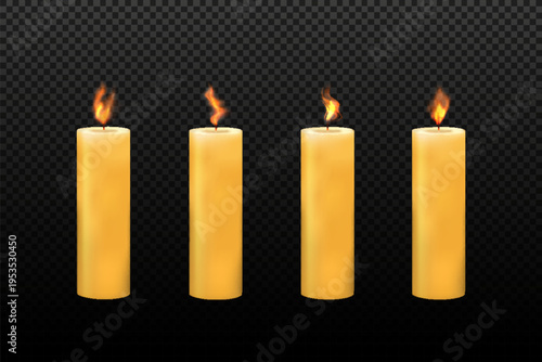 Burning candle on a transparent background. Set of candles with flame. Holidays or church burning candles. Flames of different intensities. Vector illustration
