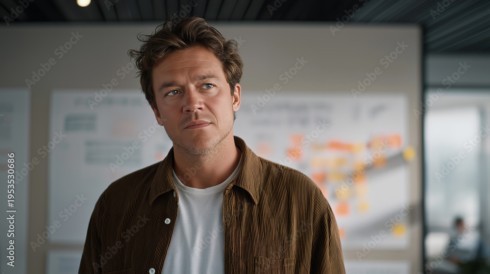 Fototapeta premium Failed product launch postmortem, team analyzing what went wrong on whiteboards, lessons documented systematically, overcast dramatic sky outside, perfect for failure analysis, learning curve, and