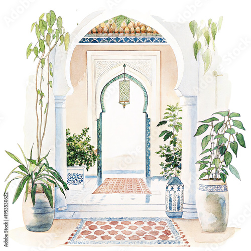 Quadro em tela Watercolor moroccan riad archway with lantern and potted plants
