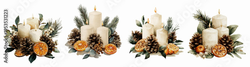 Watercolor holiday centerpieces with burning candles, pine cones, dried orange slices and winter greenery on white background, evoking warm, cozy festive celebration
