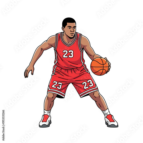 Basketball Player Dribbling Ball in Red Uniform, Action Shot, Sports Illustration