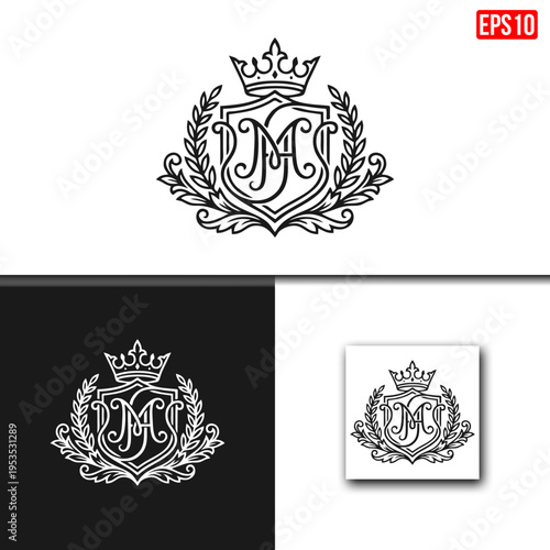 Monogram M,HM,MH Emblem with Laurel Wreath and Crown on White and Black