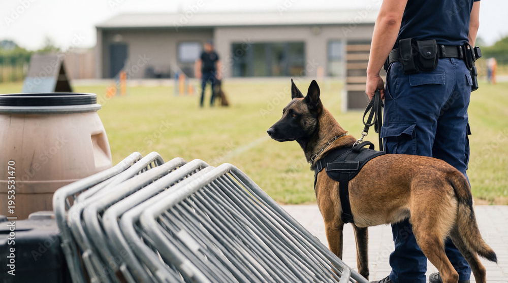 Αυτοκόλλητο Professional K9 dog handler with Belgian Malinois during outdoor security training at a specialized facility