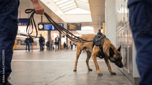 Bild auf Leinwand Professional K9 dog actively searching for contraband with its handler at a busy public transportation station