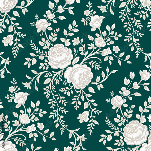 Elegant White Floral Pattern on Dark Green Background Vintage Botanical Design. Seamless Classic Floral Wallpaper with White Flowers on Deep Green Texture. Vintage Botanical Pattern with White Roses. 