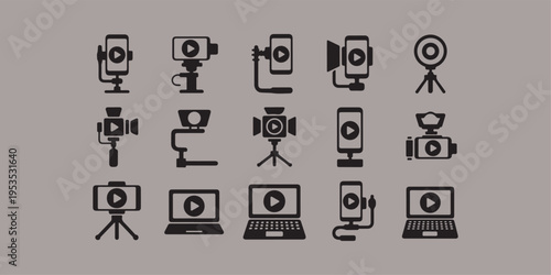 Professional Video Recording Equipment Icons – Camera, Tripod, Mobile Holder & Streaming Setup Collection