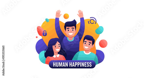Colorful illustration of a happy family celebrating International Day of Happiness with joyful smiles and raised hands