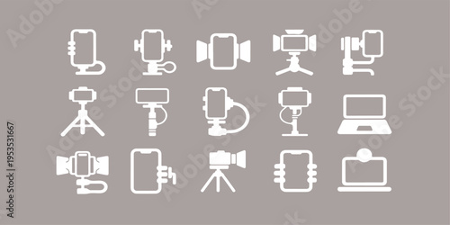 Professional Video Recording Equipment Icons – Camera, Tripod, Mobile Holder & Streaming Setup Collection