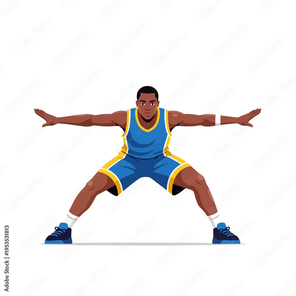 Fototapeta premium Basketball player in athletic stance, ready to defend, blue and yellow uniform, isolated on white background