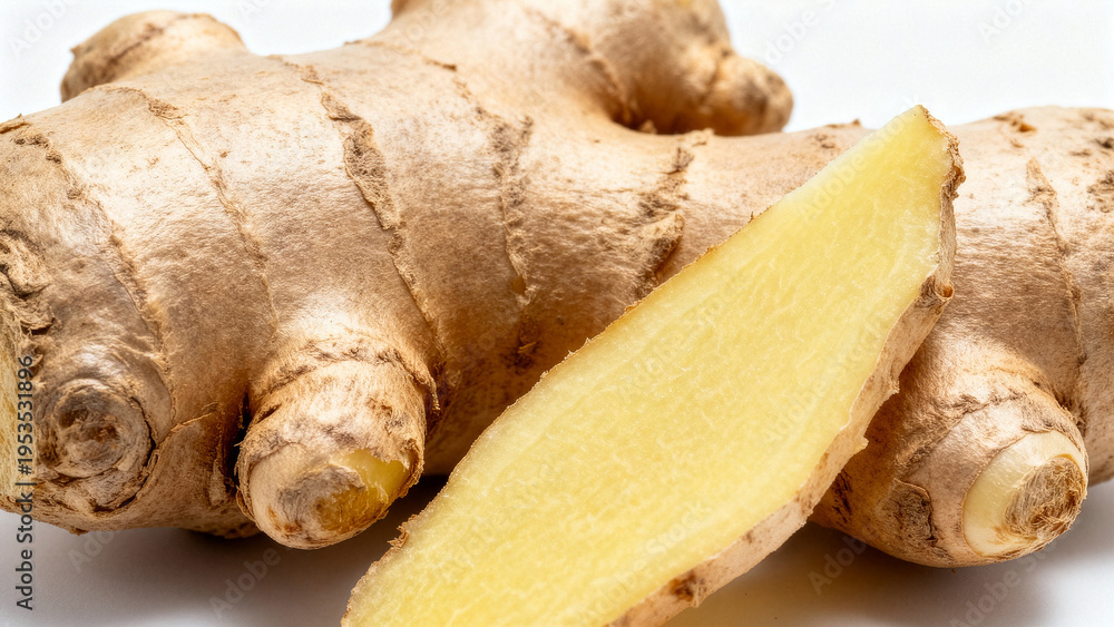 Fototapeta premium Fresh Ginger Root and Slice Isolated on White