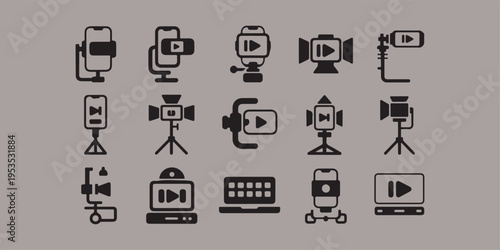 Professional Video Recording Equipment Icons – Camera, Tripod, Mobile Holder & Streaming Setup Collection